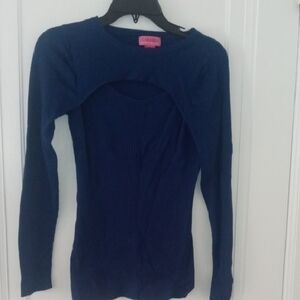 Women's Blue ribbed long sleeve, cut out at chest, medium